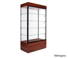 a wooden display case with glass shelves on the top and bottom, against a white background