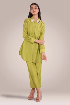 Exclusive Green Color Cotton Silk Fabric Solid Plain Relaxed Readymade Co Cord Set, Silk Co Ord Set, Co Ords Outfits Summer, Friends Cartoon, Latest Blouse Designs Pattern, Cotton Silk Fabric, Shirt Collar Styles