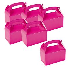 six pink boxes with handles on each side