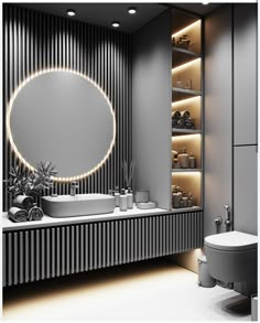 a bathroom with a round mirror above the bathtub and shelves on the wall next to it