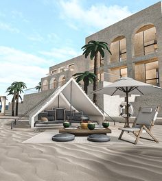 an artist's rendering of a beach resort with lounge chairs, umbrellas and palm trees