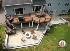 an aerial view of a deck and patio