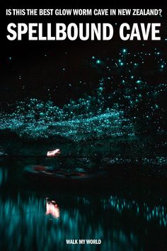 a poster with the words spellbound cave written in black and green lights above water