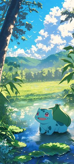 a blue and green frog sitting on top of a river next to a lush green forest