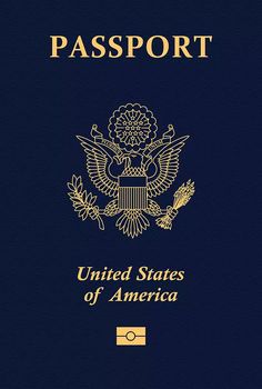 an american passport with the seal of the united states of america in gold on a blue background