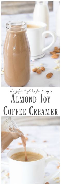 almond joy coffee creamer is being poured into a cup