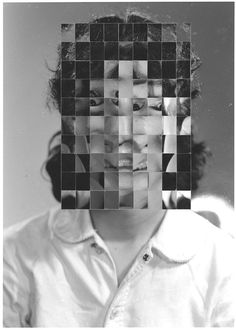 a black and white photo of a woman's face with squares over her eyes