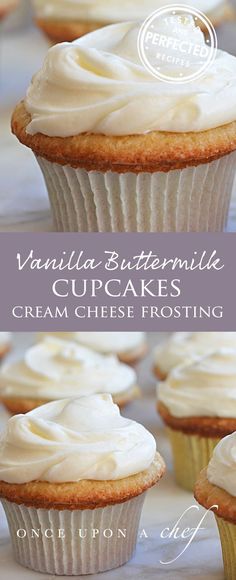 vanilla buttermilk cupcakes with cream cheese frosting on top and bottom