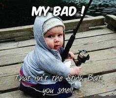 a baby is holding a fishing rod and sitting on a dock with the caption, bro i'm serious get the net