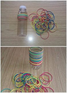 there are many different colored rubber bands on the table