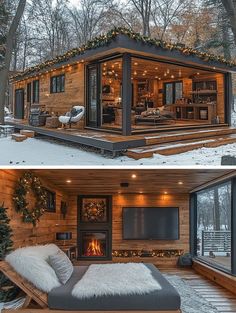 two pictures of a small cabin in the snow with christmas lights and decorations on it