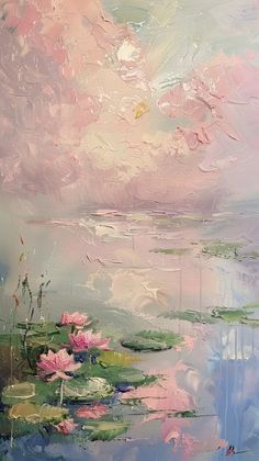 a painting of water lilies and pink clouds