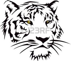 a tiger's face with yellow eyes and black lines on white background, suitable for tattoo design