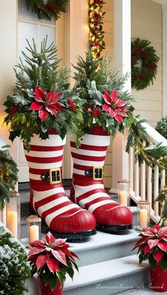 Standing Christmas Decorations, Christmas Curb Appeal Ideas, Christmas Front Porch Steps, Xmas Porch Decor Ideas Pots & Planters, Column Pedestal Decor Ideas, Christmas Decoration Front Yard, Gate Christmas Decorations Ideas, Front Porch Window Christmas Decor, Santa Claus Decorations Ideas