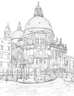 a black and white drawing of a boat in front of a large building with domes