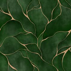 an abstract green and gold background with wavy lines in the center, on top of a leafy surface