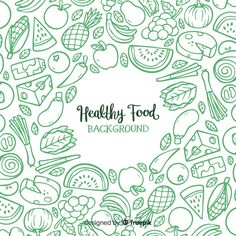 healthy food background with hand drawn vegetables and fruits