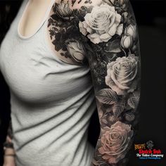 Black & Grey roses sleeve with coloured highlights Feminine Sleeve Tattoo Ideas, Feminine Sleeve Tattoo, Feminine Sleeve, Dark Roses Tattoo, Back Of Leg Tattoos, Nature Tattoo Sleeve, Mystical Tattoos, Sleeve Tattoo Ideas, Feminine Tattoo Sleeves