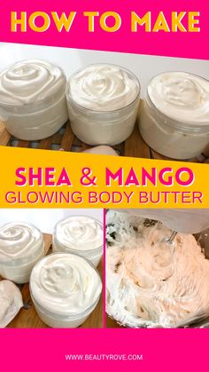 HOLY COW! This is the ultimate body butter recipe for glowing skin. Yes it creamy, glides on to the skin and leaves my dry skin moisturized and smooth to the touch! Shea & Mango Butter are my new favorite natural butters to use when I make body butter! You should definately whip some up! 🎯 #bodybutter #bodybuttercream Shea And Mango Body Butter Recipe, All Natural Body Butter Recipe, Triple Butter Melt And Pour Soap Recipe, How To Make Body Butter At Home, How To Make Body Butter 3 Ingredients, How To Make Body Butter, Vanilla Body Butter Recipe, Fluffy Body Butter