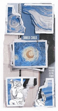 collages of pictures and text on white paper with blue water swirl in the background