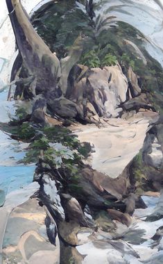 an oil painting of rocks and trees in the water