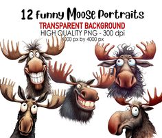 three cartoon moose heads with different facial expressions and haircuts, each featuring an antler's head