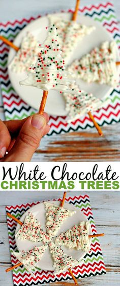 white chocolate christmas trees on sticks with sprinkles