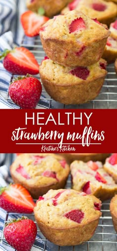 healthy strawberry muffins on a cooling rack with strawberries