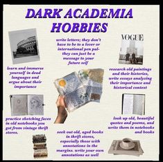 a poster with words and pictures about the dark academy hobbies in purple on it