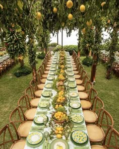 a long table is set with plates and place settings for an outdoor dinner in the garden