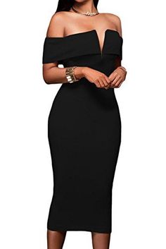 AlvaQ Women's Sexy V Neck Off The Shoulder Evening Bodycon Club Midi Dress AlvaQ Bodycon Dress Plus Size, Cocktail Dresses With Sleeves, Elegant Bodycon Dress, Midi Dress Black, Zac Posen, Cosplay Dress