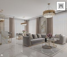 a living room filled with furniture and a chandelier hanging from the ceiling over a marble floor