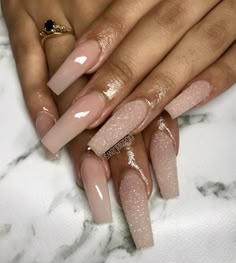 Neutral Color Nails Acrylic Coffin, Long Narrow Nails, Neutral Ombre Nails Square, Light Pink And Tan Nails, Summer Nude Nail Colors, Glam Neutral Nails, Bridesmaid Nails Coffin, Engagement Nails Long, Fall Acrylic Nails Coffin Medium