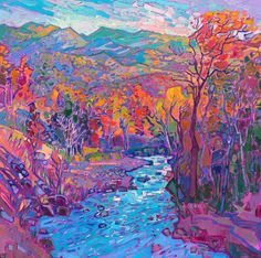 an oil painting of a river surrounded by trees and mountains in the fall with bright colors