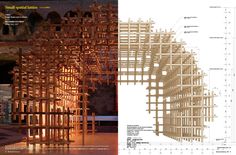 a wooden structure is shown next to an architectural drawing