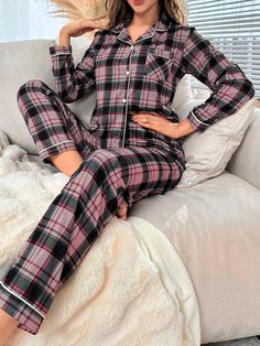 Multi-Color Plaid Print Lapel Long Sleeve Pajama Set Multicolor Casual-Woman  Long Sleeve Knitted Fabric Plaid Pant Sets Non-Stretch All,Fall/Winter Women Sleep & Lounge, size features are:Bust: ,Length: ,Sleeve Length: Relaxing Clothes, Pajama Gift Set, Patch Blouse, Flannel Friday, Button Up Pajamas, Comfy Pjs, Plaid Pajama, Cozy Pajamas, Plaid Pajamas