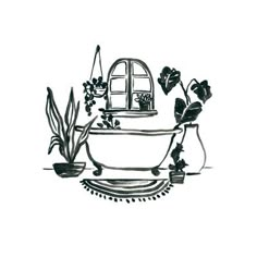 an ink drawing of a bathtub with flowers and potted plants on the window sill