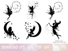 fairy silhouettes with stars and moon in the sky, set of four svt files