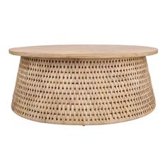 a round wicker table with a wooden top on a white background for use as a coffee table