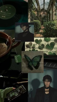 a collage of photos with green and black items in them, including a butterfly