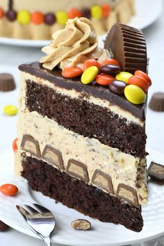 a slice of chocolate cake with candy candies on top