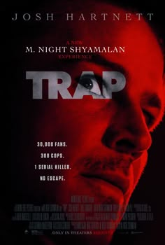 a movie poster with the words trap written in white and red on it, as well as an image of a man's face