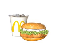 a mcdonald's cheeseburger next to a cup of ice cream on a white background