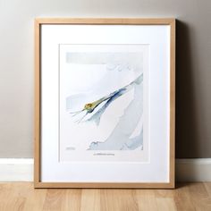 a watercolor painting of a bird flying in the sky