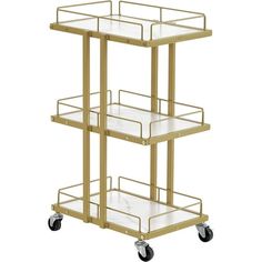 a three tiered metal cart with glass shelves on the top and bottom, in gold