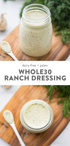 a jar filled with ranch dressing sitting on top of a cutting board