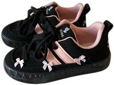 Coquette Aesthetic Black and Pink Platform Sneakers with pink bows- boogzel clothing Pink Lace-up Skate Shoes, Trendy Pink Lace-up Skate Shoes, Pink Skate Shoes For Spring, Trendy Pink Lace Skate Shoes, Trendy Pink Skate Shoes With Laces, Pink Skate Shoes With Laces For Spring, Cute Black Lace-up Sneakers, Coquette Aesthetic Pink, Aesthetic Sneakers