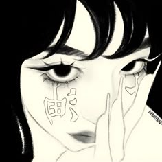 a black and white drawing of a woman with chinese characters painted on her face, covering her eyes