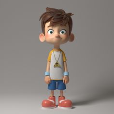 a cartoon boy with short hair and blue shorts standing in front of a gray background