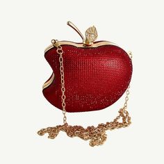 Beautiful red apple rhinestone clutch purse with removable gold chain. This purse will be the perfect addition to your little black dress and would be a unique accessory for visiting New York, The Big Apple.  Size: 5.12 in 5.91 x 2.36 in Removable Gold Chain Strap 46.0 in long Black Satin Interior As with all handmade items, please allow slight variances in appearance.  Please message me if you have any questions :) All items ship with tracking through the USPS Formal Red Bags With Rhinestones, Elegant Red Embellished Evening Bag, Elegant Red Bag With Rhinestones, High-end Red Satchel For Evening, Chic Red Evening Bag With Gold-tone Hardware, Apple Bag, Bag For Wedding, Sarah White, Visiting New York